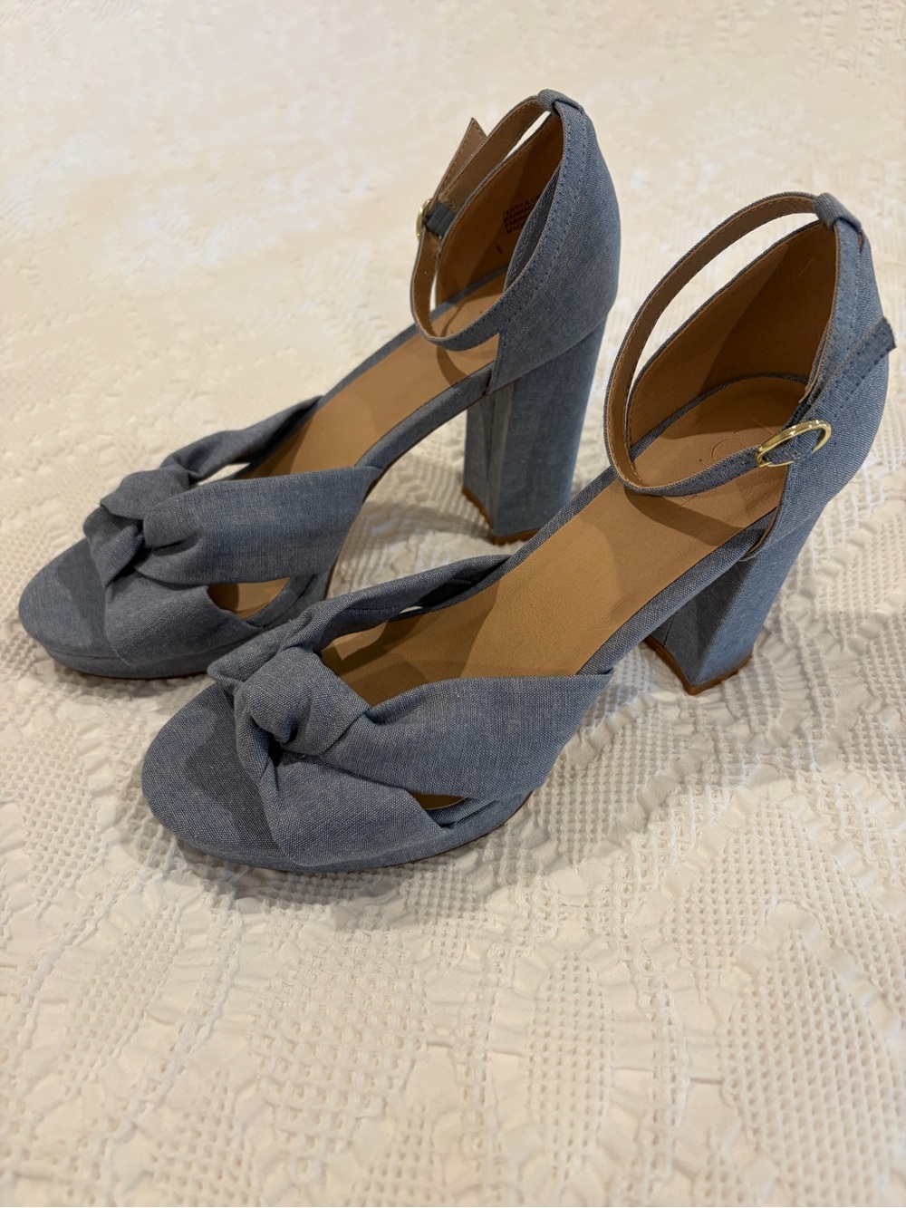 LOFT Chambray Knot Front Ankle-Strap Block Heels in Denim Blue